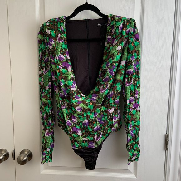 Zara Women's Floral Faux Wrap Long Sleeve Green Purple Draped Bodysuit Size S - Picture 3 of 13